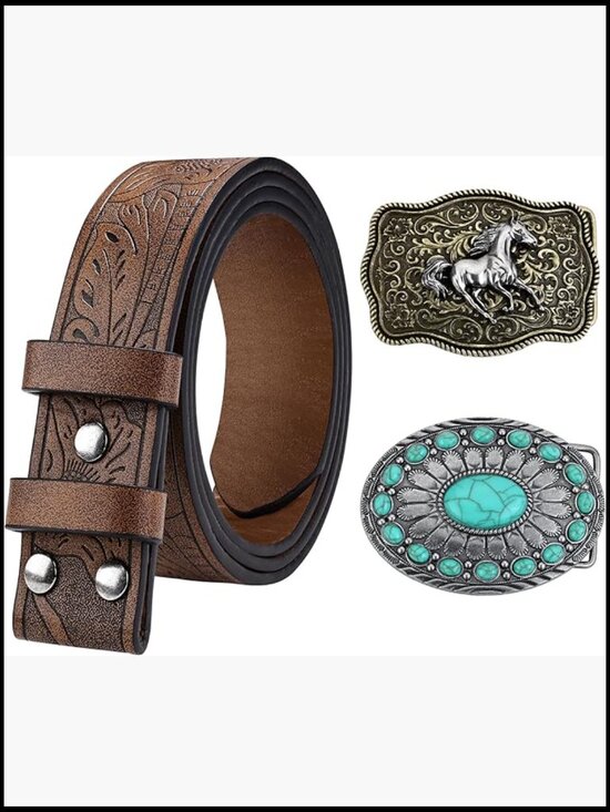 Western Cowboy Belt Set with Removable Buckles PU Leather Strap